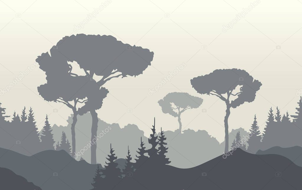 Nature landscape background with foggy sunrise, mountains and trees. Vector illustration.