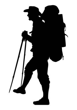 Beyaz arka plan üzerinde izole erkek siluet. Uzun yürüyüşe çıkan kimse bir sırt çantası ve baston olan bir adam. Backpacker siyah siluet. Vektör çizim