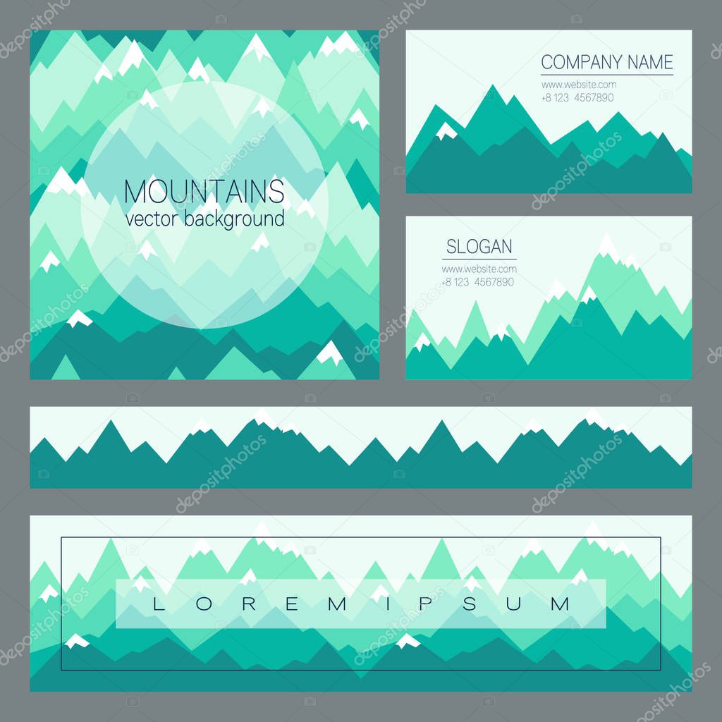 Green mountains in geometric style. Outdoor cards with space for text. Set of stylish backgrounds for business cards, presentations, flyers, banners and covers design.
