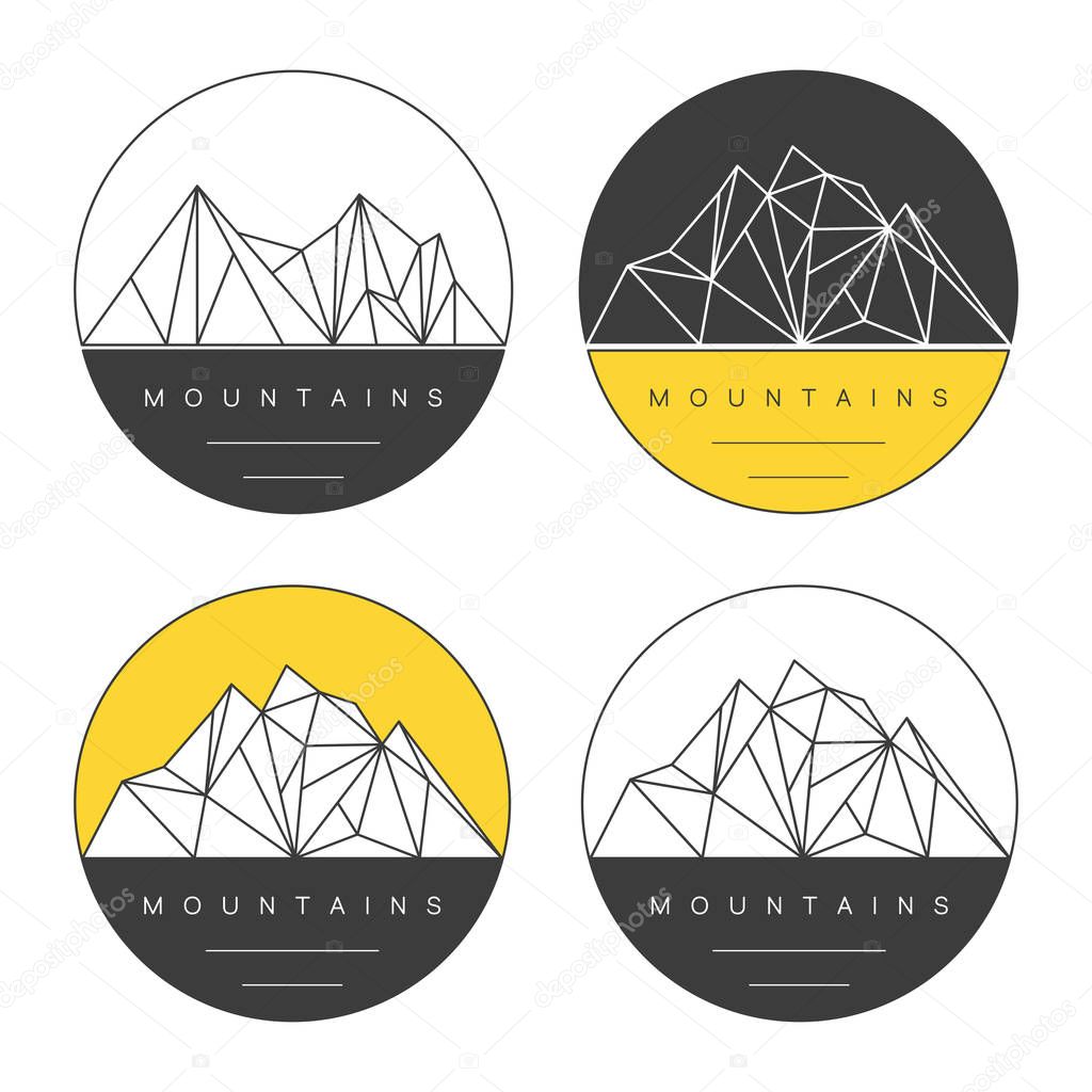 Round emblems with polygonal mountain ridges. Adventure vector set.