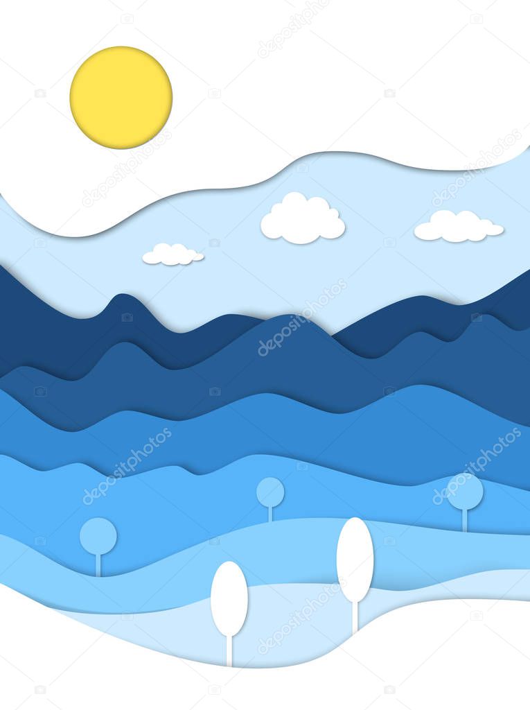 Mountains landscape in paper cut style. Cartoon mountain ridges.