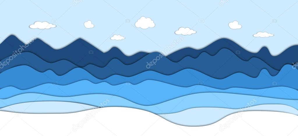 Mountains landscape in paper cut style. Cartoon mountain ridges.