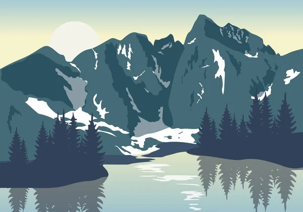 Matahari terbit yang indah di danau pegunungan. Pemandangan vektor dengan pohon pinus, air dan pegunungan berbatu . - Stok Vektor