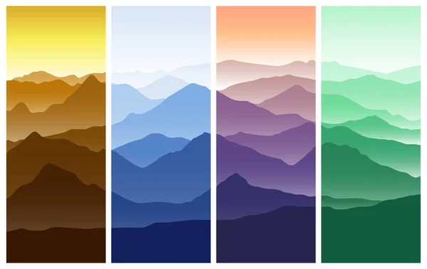 Bergslandskap i fyra säsonger. Höst, vinter, vår, sommar. Vektor illustration i olika färger. Bilder set för att dekorera en vägg. Vektorgrafik