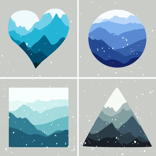 Горы пейзажи в форме сердца, круга, квадрата и треугольника. Разные сезоны года . Лицензионные Стоковые Иллюстрации