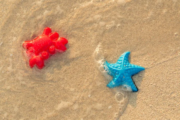 Colorful toys near the seashore. Red crab and blue starfish washed by the sea wave. — Stock Photo, Image