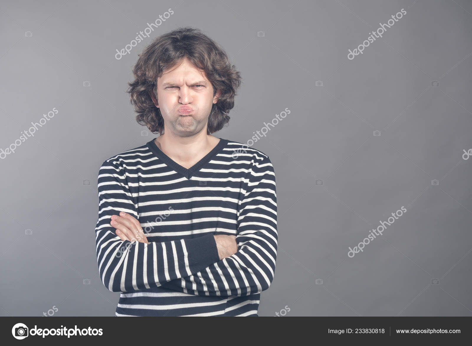 Funny Comic Man Pouts Lips Cheeks Makes Angry Grimace Foolishes