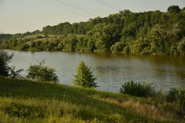 Léto Řeka Blízko Zelené Louky — Stock fotografie