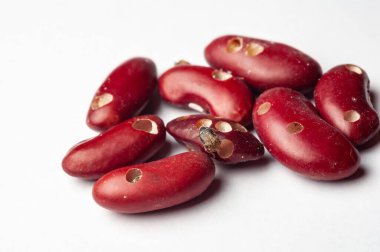 Beyaz arka planda fasulye bitleri ya da diğer zararlılardan kaynaklanan hasar belirtileri gösteren kırmızı fasulye çekirdeklerinin yakın çekimi..