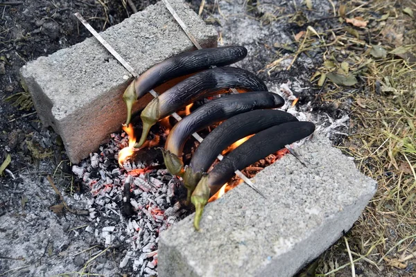 庭で炭火で焼きなす — ストック写真