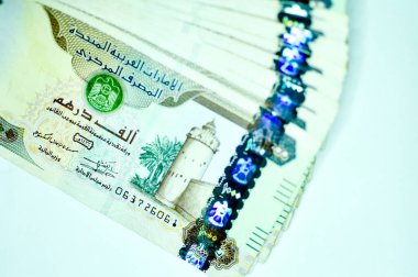 Yakın plan Birleşik Arap Emirlikleri Para Birimi, Dirhams and Fils, Dubai, Abu Dabi