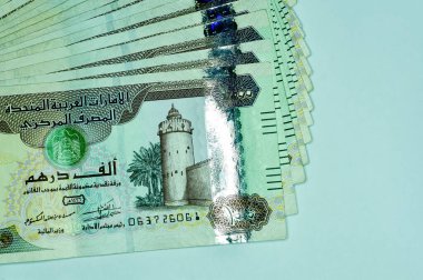 Yakın plan Birleşik Arap Emirlikleri Para Birimi, Dirhams and Fils, Dubai, Abu Dabi