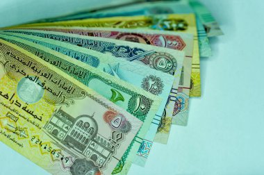 Yakın plan Birleşik Arap Emirlikleri Para Birimi, Dirhams and Fils, Dubai, Abu Dabi