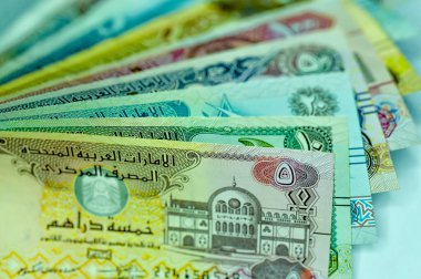 Yakın plan Birleşik Arap Emirlikleri Para Birimi, Dirhams and Fils, Dubai, Abu Dabi