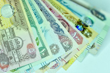 Yakın plan Birleşik Arap Emirlikleri Para Birimi, Dirhams and Fils, Dubai, Abu Dabi