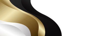 Siyah, beyaz ve altın renkli soyut lüks metalik afiş. Web pankartları, başlıklar, satış şablonları, iş ilanları, ödüller, etkinlikler ve daha fazlası için uygundur