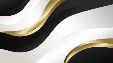 Siyah, beyaz ve altın rengi olan soyut lüks metalik dalga arka planı. Şablonlar, afişler, kapaklar, satışlar, iş dünyası, etkinlikler, ödüller, web sayfaları ve daha fazlası için uygundur