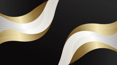 Siyah, beyaz ve altın renkli soyut lüks metalik eğri. Duvar kağıdı tasarımı, şablonlar, afişler, iş yerleri, ödüller, web siteleri, sayfalar ve daha fazlası için uygundur