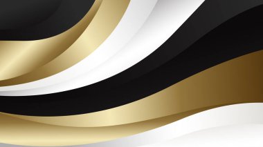 Siyah, beyaz ve altın renkli soyut lüks metalik eğri. Duvar kağıdı tasarımı, şablonlar, afişler, iş yerleri, ödüller, web siteleri, sayfalar ve daha fazlası için uygundur