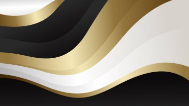 Siyah, beyaz ve altın renkli soyut lüks metalik eğri. Duvar kağıdı tasarımı, şablonlar, afişler, iş yerleri, ödüller, web siteleri, sayfalar ve daha fazlası için uygundur