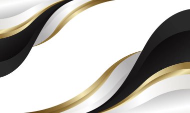 Siyah, beyaz ve altın renkli soyut lüks metalik eğri. Duvar kağıdı tasarımı, şablonlar, afişler, iş yerleri, ödüller, web siteleri, sayfalar ve daha fazlası için uygundur