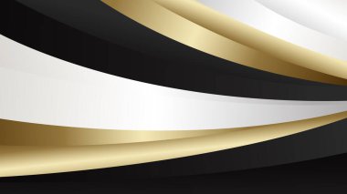 Siyah, beyaz ve altın renkli soyut lüks metalik eğri. Duvar kağıdı tasarımı, şablonlar, afişler, iş yerleri, ödüller, web siteleri, sayfalar ve daha fazlası için uygundur