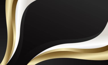 Siyah, beyaz ve altın renkli soyut lüks metalik eğri. Duvar kağıdı tasarımı, şablonlar, afişler, iş yerleri, ödüller, web siteleri, sayfalar ve daha fazlası için uygundur
