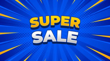 Süper satış reklam afişi şablonu. Yarım tonlu soyut mavi çizgi roman arkaplanı. Satılık tanıtım, web sitesi, iş, etkinlik ve reklamcılık için modern metin etkisi tasarımı