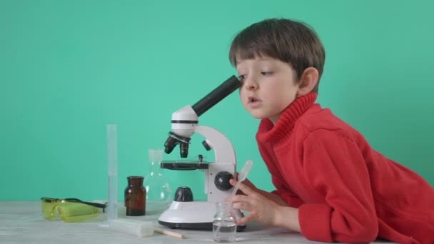 Kleine jongen doet biochemie onderzoek thuis — Stockvideo