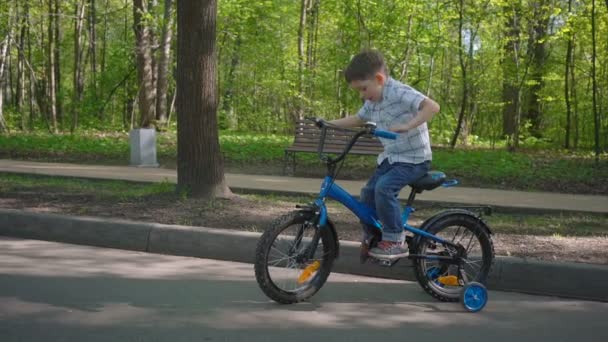 Garçon de cinq ans un vélo bleu dans un parc de printemps — Video