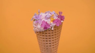 Bahar çiçekleri, vanilya tarzı ile dekore waffle koni Cherry Dondurma kepçe