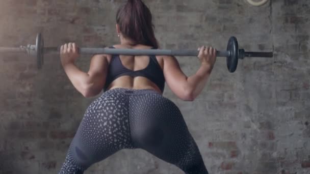 Vista posterior de la chica en la barra de retención de ropa deportiva negro haciendo ejercicio de levantamiento de pesas — Vídeo de stock