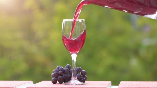 Zelfgemaakte rode wijn gieten in glas op groene natuur achtergrond — Stockvideo