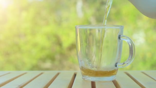 Té vertiendo en la taza de la tetera sobre el fondo verde de la naturaleza — Vídeos de Stock