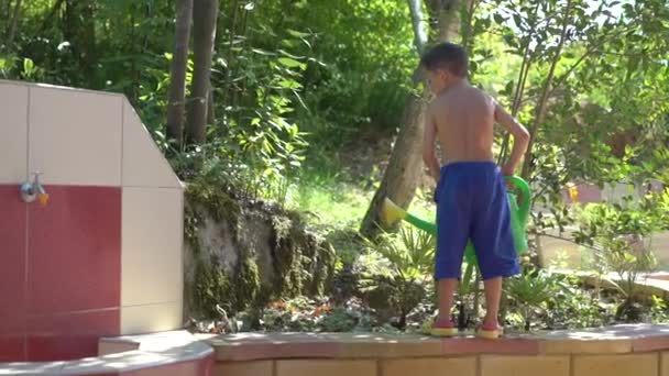 Маленький хлопчик поливає рослини з балончика для саду — стокове відео