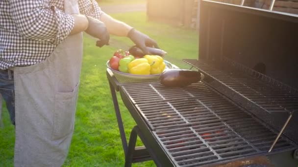 Ręka młodego człowieka grillując warzywa na talerzu grilla z świecącymi węglami, letni piknik czas, grill grill grill z ogniem w ogrodzie, wegańskie jedzenie i zdrowe jedzenie na świeżym powietrzu świeże smaczne jedzenie koncepcja — Wideo stockowe
