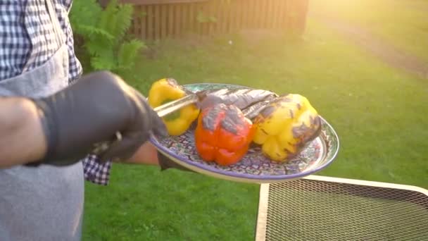 在烤盘上烤蔬菜的年轻人的手，用炽热的煤块，夏天的野餐时间，花园里生火的烧烤，素食和健康的户外新鲜美味食品的概念 — 图库视频影像