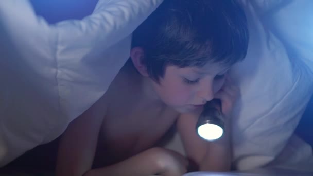 Garçon caucasien de sept ans appréciant la lecture conte de fées intéressant couché dans un lit chaud, tenant lampe de poche relaxant à la maison, enfant heureux s'amusant dans la chambre, concept créatif d'éducation à l'activité de l'enfant — Video