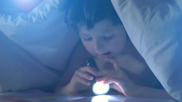 Bonito menino adorável gostando de ler conto de fadas interessante deitado na cama quente, segurando lanterna relaxante em casa, criança feliz se divertindo no quarto, conceito de educação atividade criativa da criança — Vídeo de Stock