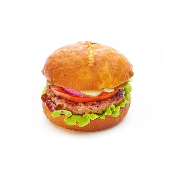 Hambúrguer de carne saborosa no fundo branco — Fotografia de Stock