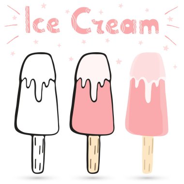 Elle çizilmiş dondurma çizimi, jöleli eskimo. Beyaz arka planda izole edilmiş tatlı bir illüstrasyon. Mektup. Siyah çizgiler ve renkler. Tebrik kartı, renk, tarif, çıkartma için vektör simgesi