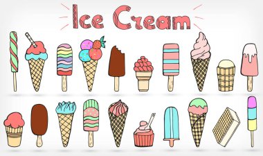 Elle çizilmiş çizilmiş dondurma seti. Beyaz arka planda izole edilmiş 20 çeşit yaz tatlısı tasviri. Tebrik kartı ve davet için renkli vektör koleksiyonu