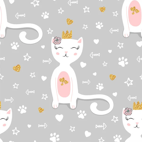 Hand drawn seamless pattern of cute cartoon character cat with a crown and a flower on her head, stars, hearts, fish. Illustration for greeting card, invitation, wallpaper, wrapping paper, fabric