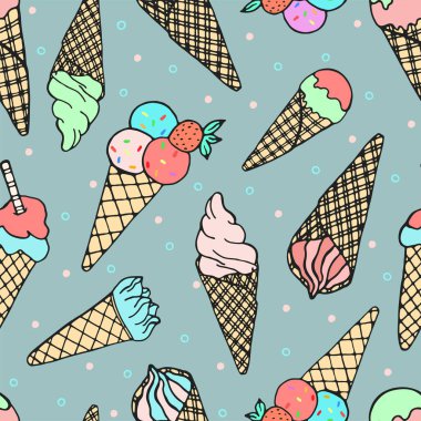 El yapımı, pürüzsüz dondurma deseni, waffle külahı, toz, çikolata, mavi arka planda çilek. Tasarım kartı, davetiye, duvar kağıdı ve ambalaj kağıdı için renkli bir resim seti