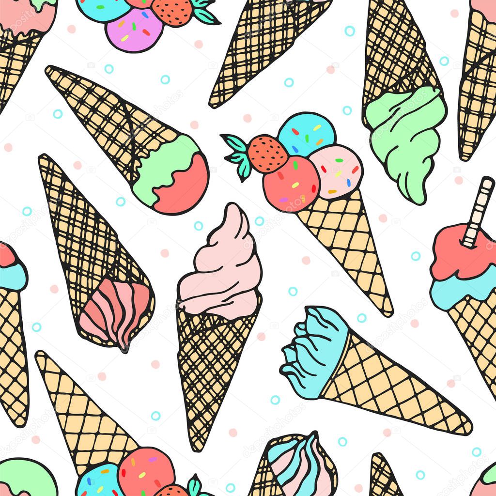 Hand drawn seamless pattern of ice cream horn, waffle cone, powder, chocolate, strawberry on a white background. Colorful sweet Illustration set for design card, invitation, wallpaper, wrapping paper