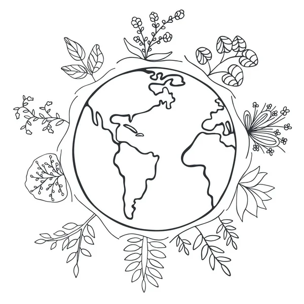 Stel Illustratie Van Planeet Bloemenelementen Eromheen Handgetekende Doodle Schets Bloemen — Stockvector