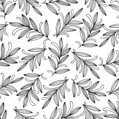 Çiçekli süs yapraklarının, dalların, buklelerin, dalgalı çizgilerin soyut desenleri. Tebrik kartı, davetiye, duvar kağıdı, ambalaj kağıdı, kumaş için dekoratif vektör illüstrasyonu