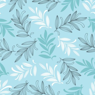 Çiçekli süs yapraklarının, dalların, buklelerin, dalgalı çizgilerin soyut desenleri. Tebrik kartı, davetiye, duvar kağıdı, ambalaj kağıdı, kumaş için dekoratif mavi vektör çizimi