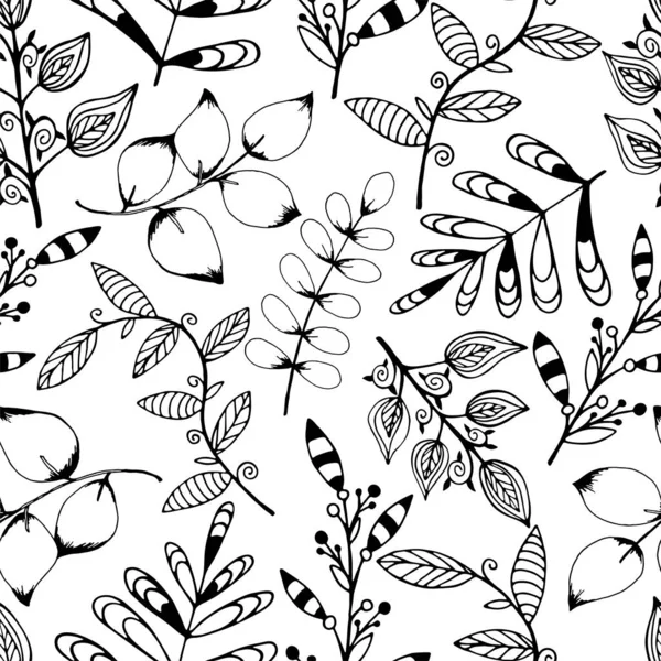 stock vector Hand drawn decorative seamless pattern of leaves, branches, curls, flowing lines. Floral set elements. Cute doodle sketch illustration for greeting card, invitation, wallpaper, wrapping paper