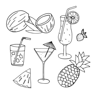 Tropikal meyve ve kokteyllerin el çizimi çizimi. Ananas, hindistan cevizi, tatlı kokteyl ve alkol, su, buz, çilek. Güzel tatil illüstrasyonları, için ve tatlı düz vektörler yiyin.